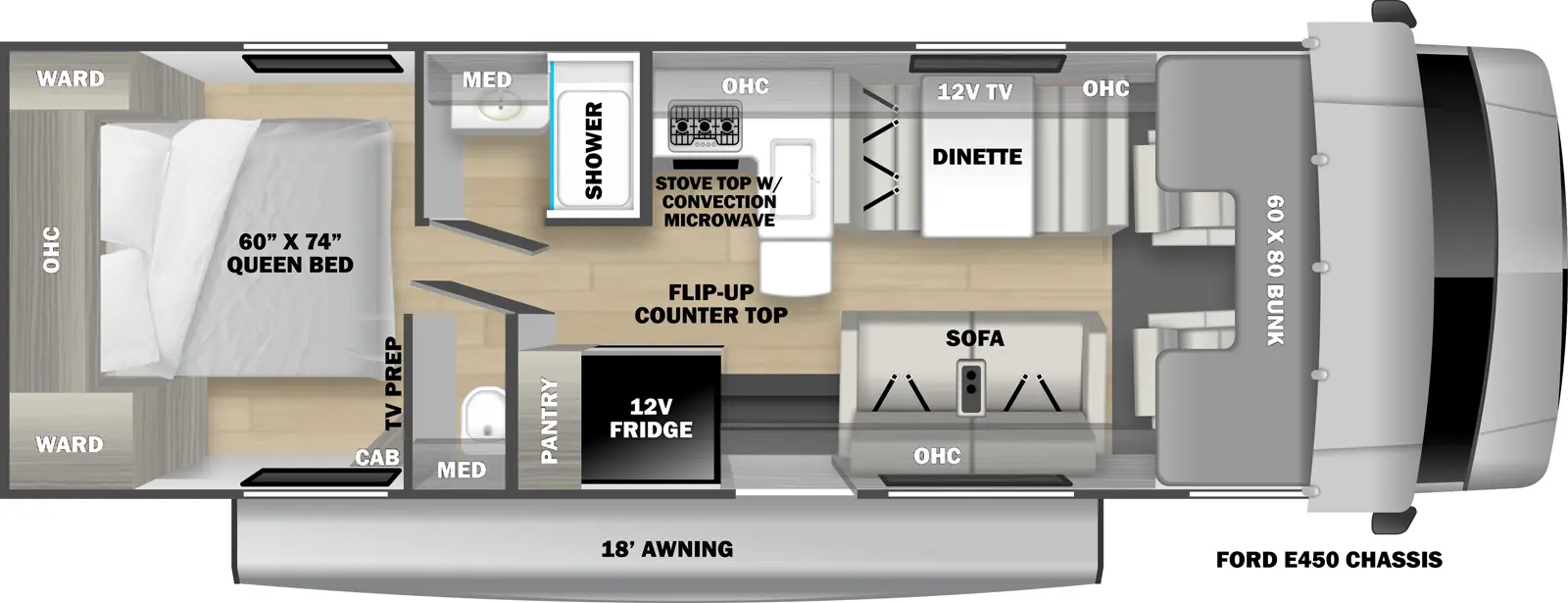 The 2951LE is a class c with no slideouts and one entry door. Exterior features an 18 foot awning. Interior layout front to back: front cab with cab over bunk; off door side dinette with 12 volt TV above, overhead cabinets, l-shaped counter with flip-up countertop extension, sink, and stovetop with convection microwave; door side sofa with overhead cabinets, entry door, 12 volt refrigerator, and pantry; split bathroom with off-door side shower, sink and medicine cabinet, and door side toilet with medicine cabinet; rear bedroom with rear queen bed with overhead cabinets and wardrobe on each side, and cabinet with TV prep at the foot of the bed on the door side.